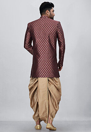 Woven Art Silk Jacquard Asymmteric Dhoti Sherwani in Maroon