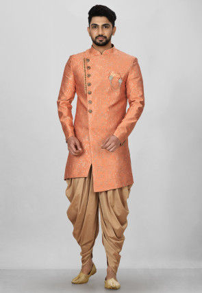 Woven Art Silk Jacquard Asymmteric Sherwani in Dark Peach