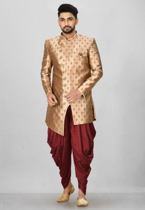 Woven Art Silk Jacquard Asymmteric Sherwani in Golden