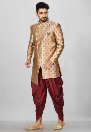 Woven Art Silk Jacquard Asymmteric Sherwani in Golden