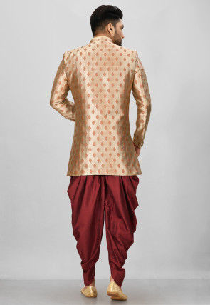Woven Art Silk Jacquard Asymmteric Sherwani in Golden