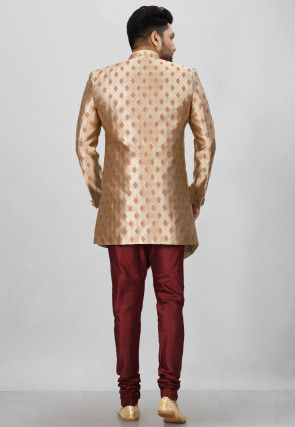 Woven Art Silk Jacquard Asymmteric Sherwani in Golden