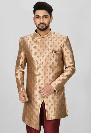 Woven Art Silk Jacquard Asymmteric Sherwani in Golden