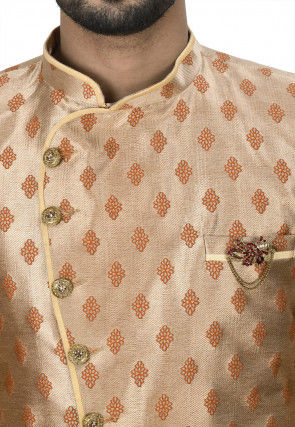 Woven Art Silk Jacquard Asymmteric Sherwani in Golden