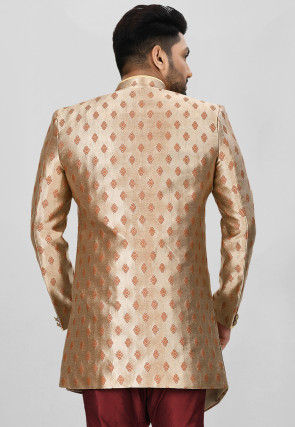Woven Art Silk Jacquard Asymmteric Sherwani in Golden