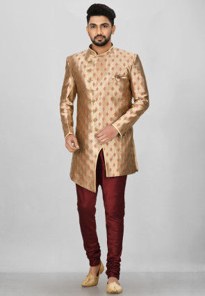 Woven Art Silk Jacquard Asymmteric Sherwani in Golden