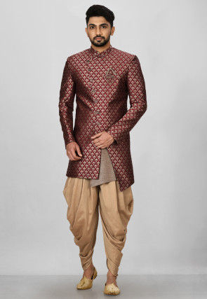 Woven Art Silk Jacquard Asymmteric Sherwani in Maroon