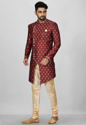 Woven Art Silk Jacquard Asymmteric Sherwani in Maroon