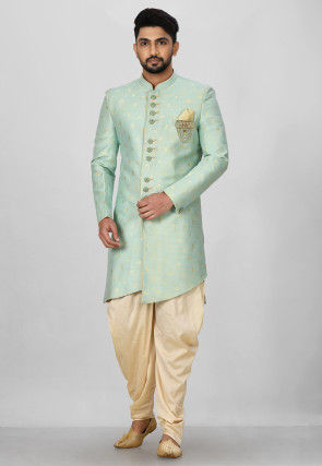 Woven Art Silk Jacquard Asymmteric Sherwani in Pastel Green
