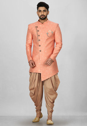 Woven Art Silk Jacquard Asymmteric Sherwani in Peach