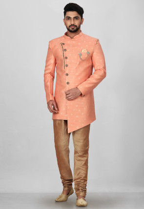 Woven Art Silk Jacquard Asymmteric Sherwani in Peach
