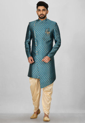 Woven Art Silk Jacquard Asymmteric Sherwani in Teal Blue