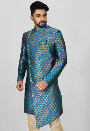 Woven Art Silk Jacquard Asymmteric Sherwani in Teal Blue