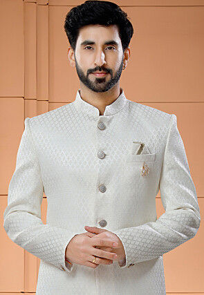 Woven Art Silk Jacquard Jodhpuri Suit in Cream