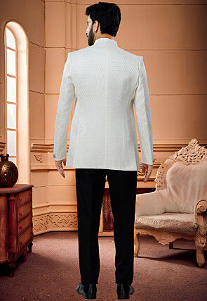 Woven Art Silk Jacquard Jodhpuri Suit in Cream