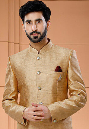 Woven Art Silk Jacquard Jodhpuri Suit in Golden