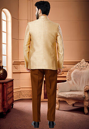 Woven Art Silk Jacquard Jodhpuri Suit in Golden