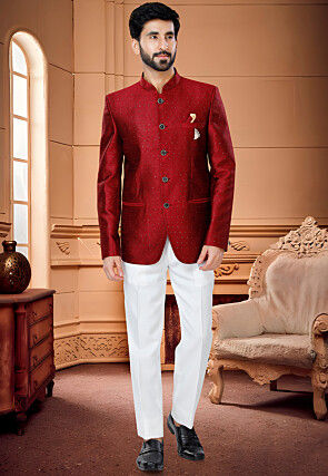 Woven Art Silk Jacquard Jodhpuri Suit in Red
