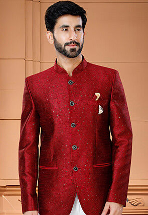 Woven Art Silk Jacquard Jodhpuri Suit in Red