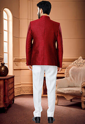 Woven Art Silk Jacquard Jodhpuri Suit in Red