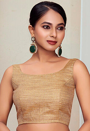 Woven Art Silk Jacquard Blouse in Beige