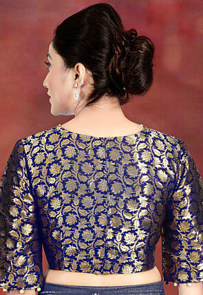 Woven Art Silk Jacquard Blouse in Dark Blue