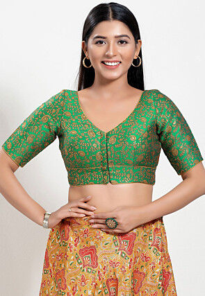 Woven Art Silk Jacquard Blouse in Green