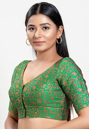 Woven Art Silk Jacquard Blouse in Green