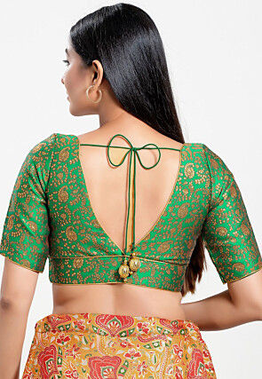 Woven Art Silk Jacquard Blouse in Green