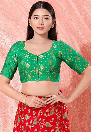 Woven Art Silk Jacquard Blouse in Green