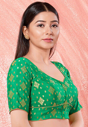 Woven Art Silk Jacquard Blouse in Green