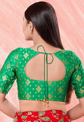 Woven Art Silk Jacquard Blouse in Green