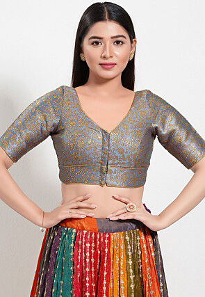 Woven Art Silk Jacquard Blouse in Grey