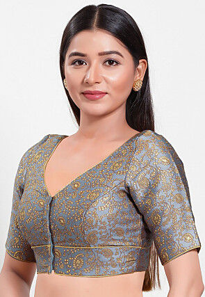 Woven Art Silk Jacquard Blouse in Grey