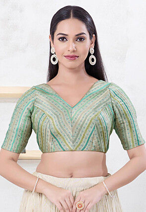 Woven Art Silk Jacquard Blouse in Light Green