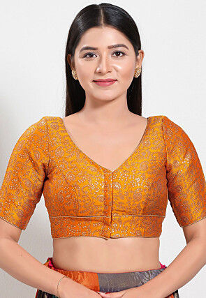 Woven Art Silk Jacquard Blouse in Mustard