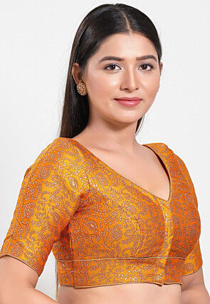 Woven Art Silk Jacquard Blouse in Mustard