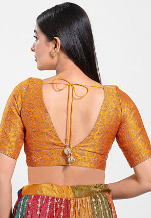 Woven Art Silk Jacquard Blouse in Mustard