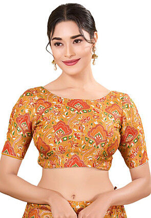 Woven Art Silk Jacquard Blouse in Mustard