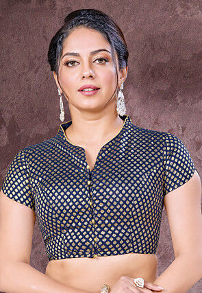 Woven Art Silk Jacquard Blouse in Navy Blue