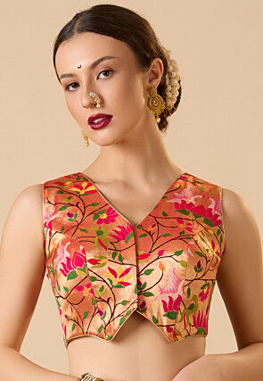 Woven Art Silk Jacquard Blouse in Peach