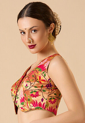 Woven Art Silk Jacquard Blouse in Peach