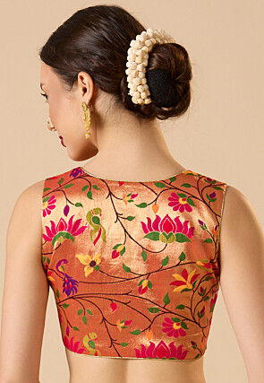 Woven Art Silk Jacquard Blouse in Peach