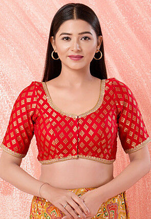 Woven Art Silk Jacquard Blouse in Red