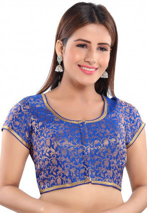 Woven Art Silk Jacquard Blouse in Royal Blue