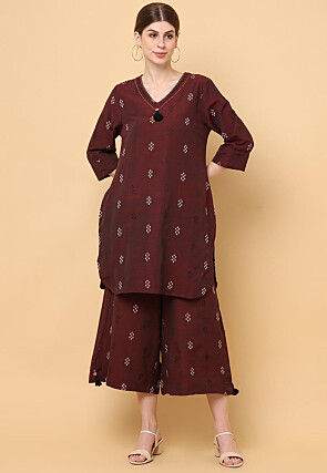 Woven Art Silk Jacquard Co Ord Set in Brown