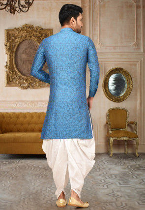 Woven Art Silk Jacquard Dhoti Kurta in Blue