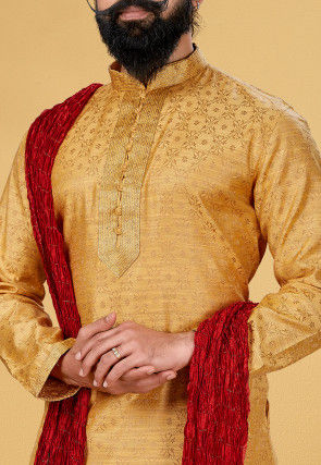 Woven Art Silk Jacquard Dhoti Kurta in Mustard