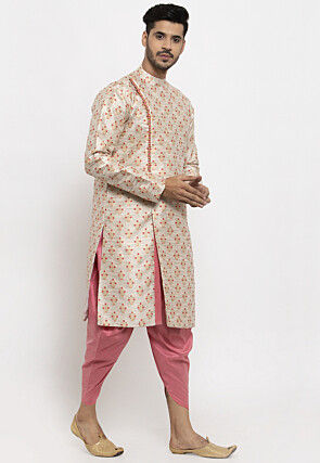 Woven Art Silk Jacquard Dhoti Kurta in Light Beige