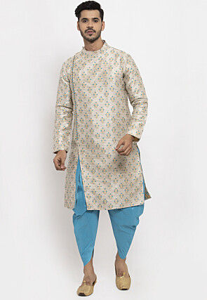 Woven Art Silk Jacquard Dhoti Kurta in Light Beige